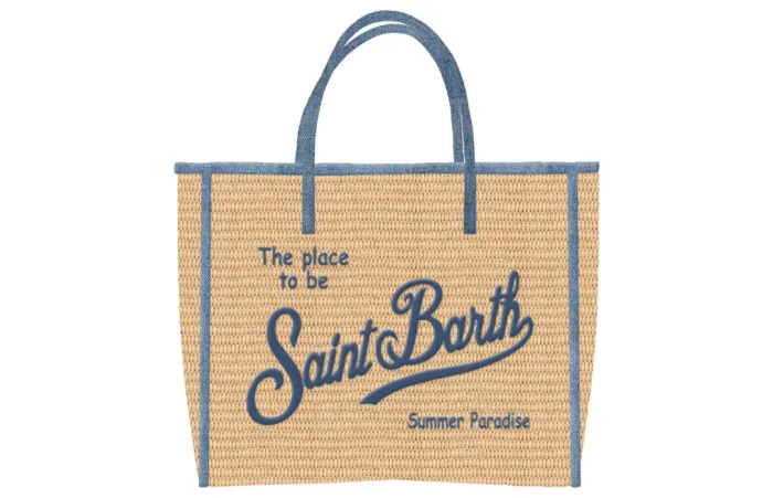Borsa A Mano Piccola con Tracolla Mc2 Saint Barth In Rafia Dettagli Denim Logo Ricamato art. Vivian Mini Straw 11 Denim EMB, foto 1 di 1
