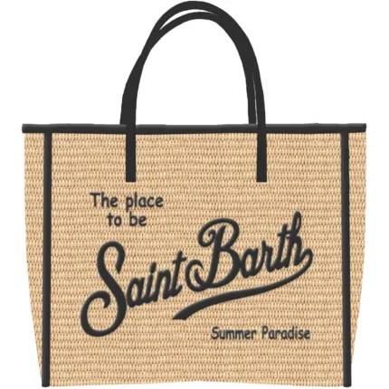 Borsa A Mano Grande Mc2 Saint Barth in Rafia Beige con Logo Ricamato Dettagli Neri art. Vivian Straw 1100 EMB