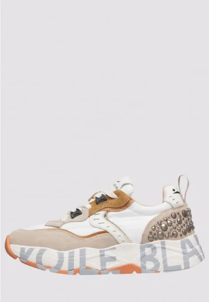 Sneakers Voile Blanche Donna in Camoscio Beige e Nylon Bianco Dettagli Borchie art. Club 105 2E42 Light Biege White