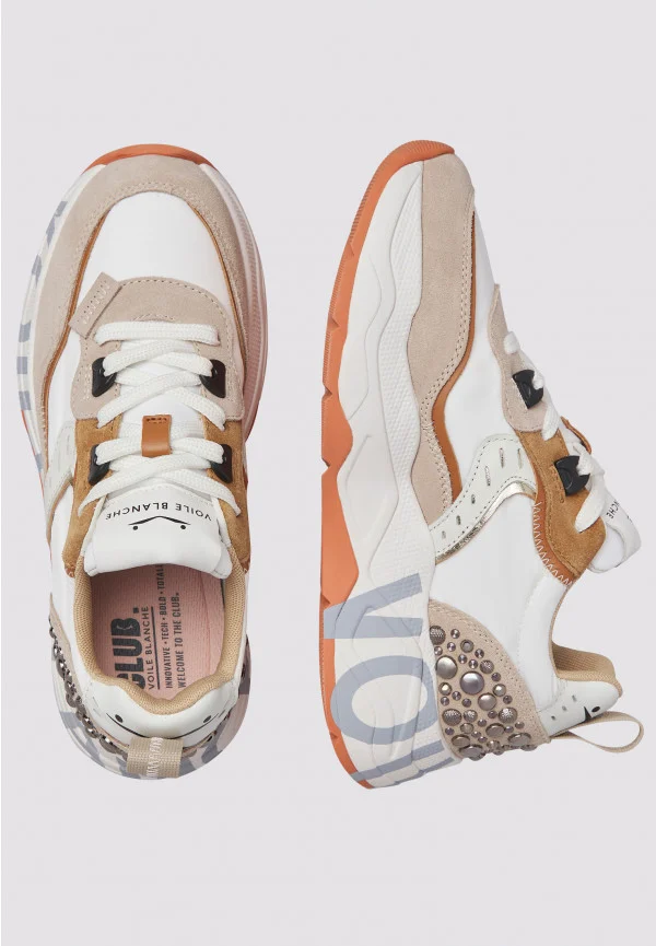 Sneakers Voile Blanche Donna in Camoscio Beige e Nylon Bianco Dettagli Borchie art. Club 105 2E42 Light Biege White, foto 2 di 4
