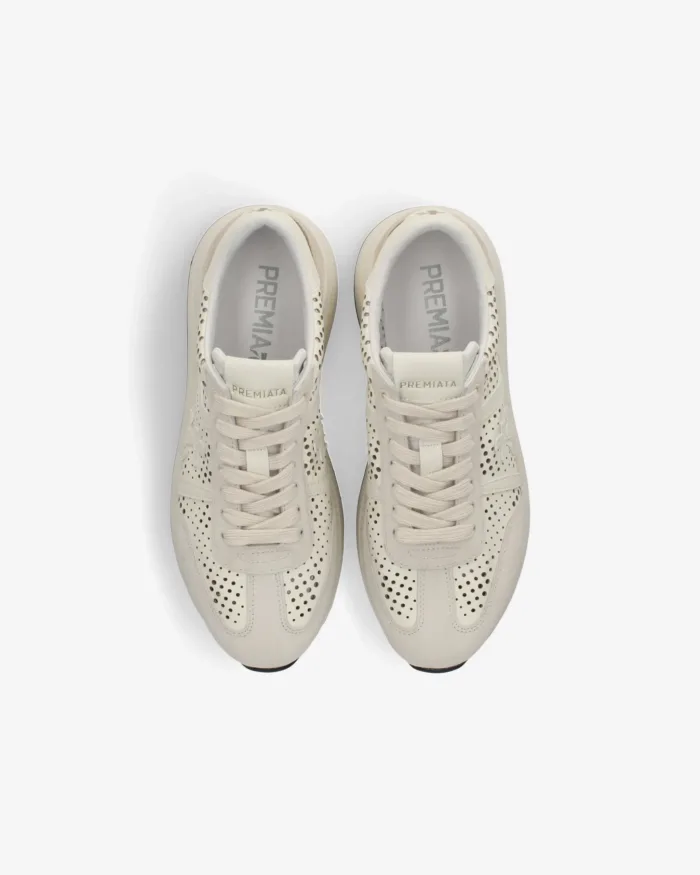 Sneakers Premiata Donna in Pelle Avorio Traforata e Camoscio Avorio art. Bethcoin 8171, foto 4 di 5