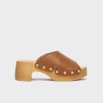 Sandalo Mules Scholl in Pelle Color Cognac Soletta in Legno tacco 7 cm art. Noelle Pescura Wave SR
