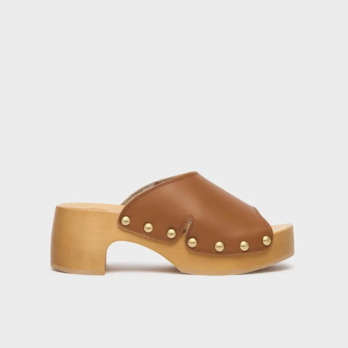 Sandalo Mules Scholl in Pelle Color Cognac Soletta in Legno tacco 7 cm art. Noelle Pescura Wave SR, foto 1 di 4