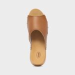 Sandalo Mules Scholl in Pelle Color Cognac Soletta in Legno tacco 7 cm art. Noelle Pescura Wave SR - immagine 4