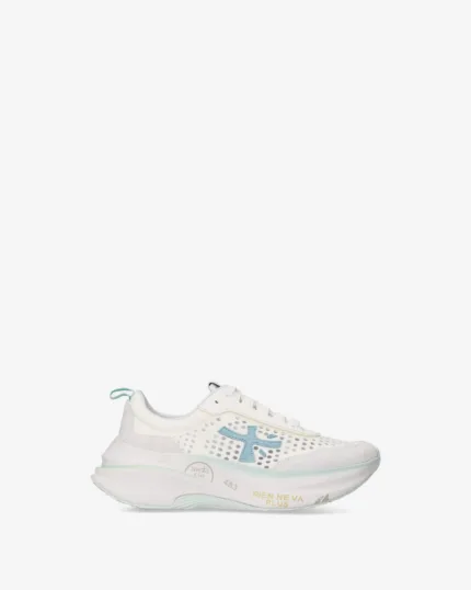 Sneakers Premiata Donna in Camoscio e Nylon Avorio Dettagli Celesti art. Hill 8243