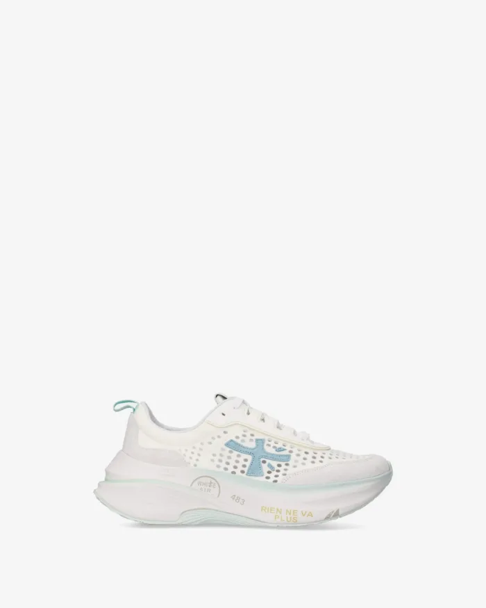 Sneakers Premiata Donna in Camoscio e Nylon Avorio Dettagli Celesti art. Hill 8243, foto 1 di 5