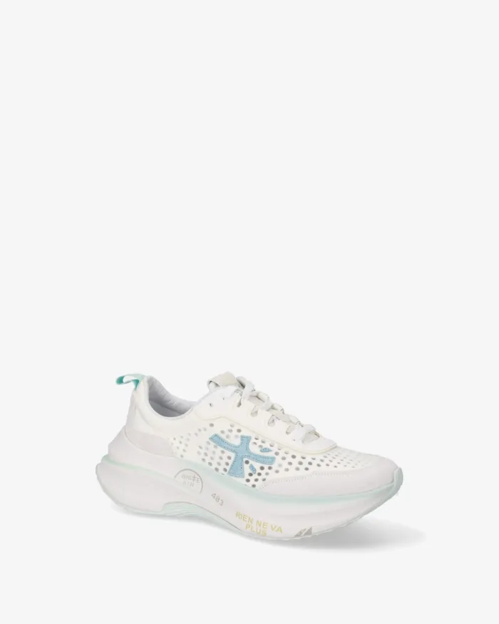 Sneakers Premiata Donna in Camoscio e Nylon Avorio Dettagli Celesti art. Hill 8243, foto 2 di 5