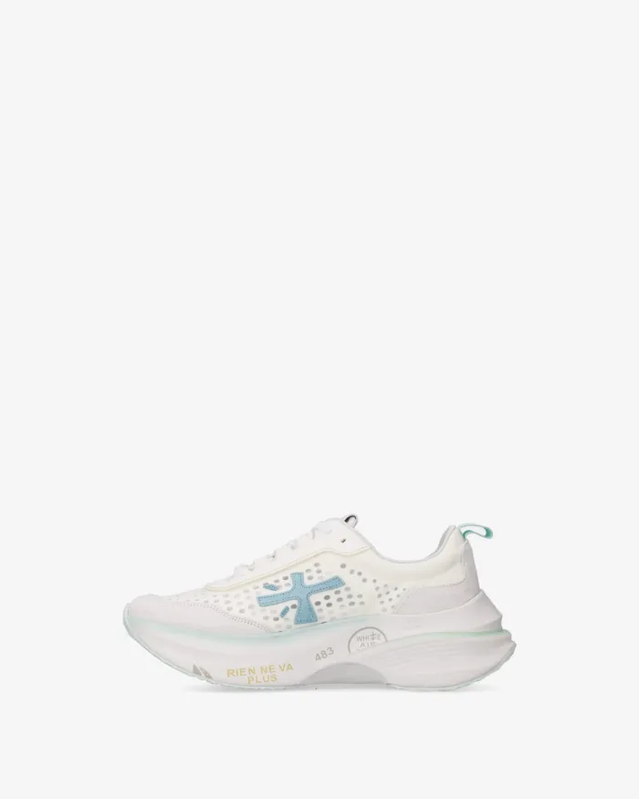 Sneakers Premiata Donna in Camoscio e Nylon Avorio Dettagli Celesti art. Hill 8243, foto 3 di 5