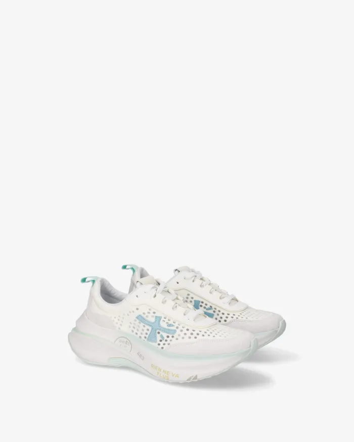 Sneakers Premiata Donna in Camoscio e Nylon Avorio Dettagli Celesti art. Hill 8243, foto 4 di 5