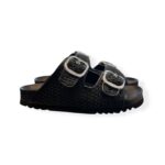 Sandalo Mules Scholl in Rafia e Suola in Pelle Nera Fibbia Argento 3,5 cm art. Noelle F00906 1004 380