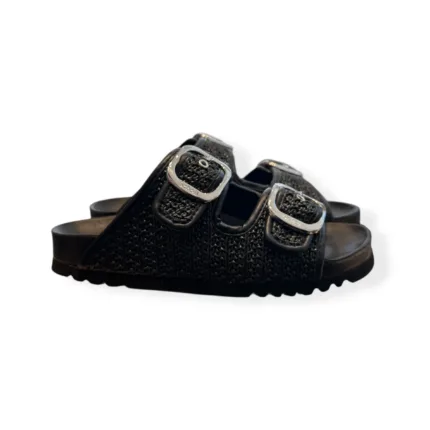 Sandalo Mules Scholl in Rafia e Suola in Pelle Nera Fibbia Argento 3,5 cm art. Noelle F00906 1004 380