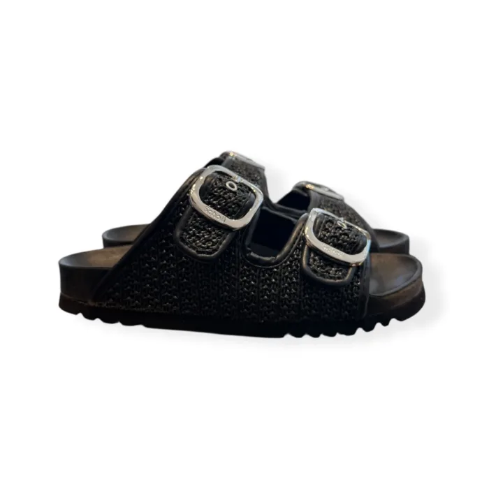 Sandalo Mules Scholl in Rafia e Suola in Pelle Nera Fibbia Argento 3,5 cm art. Noelle F00906 1004 380, foto 1 di 5