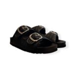 Sandalo Mules Scholl in Rafia e Suola in Pelle Nera Fibbia Argento 3,5 cm art. Noelle F00906 1004 380 - immagine 2