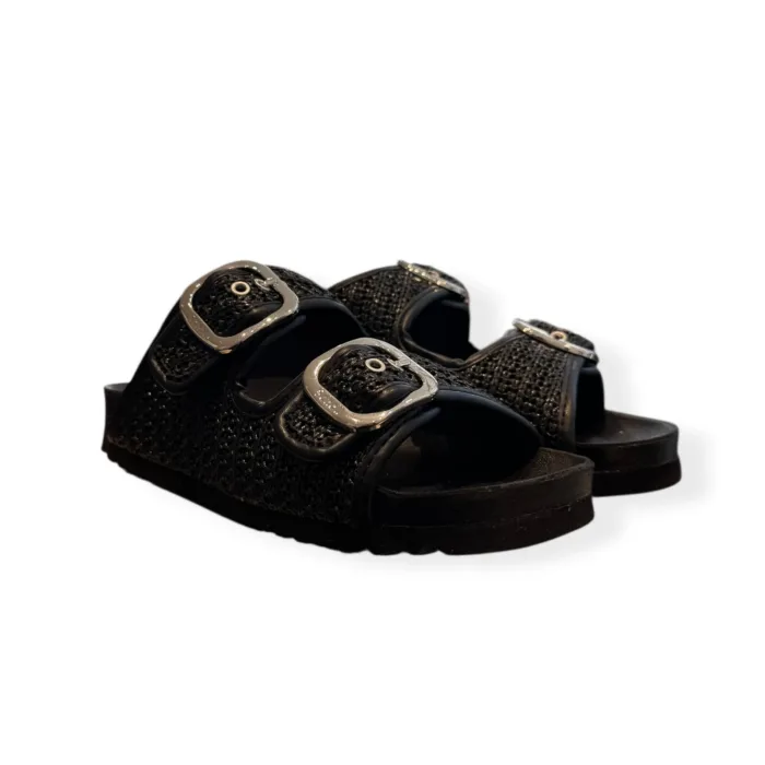 Sandalo Mules Scholl in Rafia e Suola in Pelle Nera Fibbia Argento 3,5 cm art. Noelle F00906 1004 380, foto 2 di 5