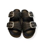 Sandalo Mules Scholl in Rafia e Suola in Pelle Nera Fibbia Argento 3,5 cm art. Noelle F00906 1004 380 - immagine 3