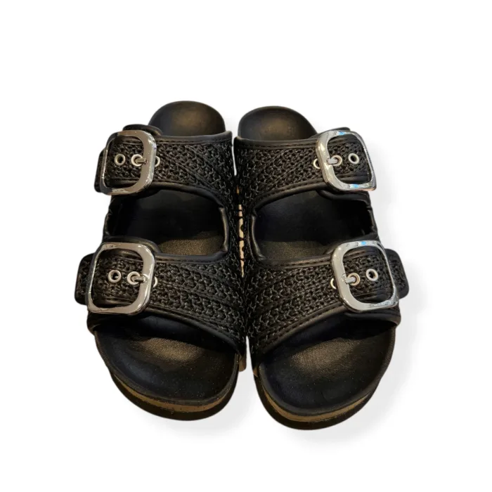 Sandalo Mules Scholl in Rafia e Suola in Pelle Nera Fibbia Argento 3,5 cm art. Noelle F00906 1004 380, foto 3 di 5