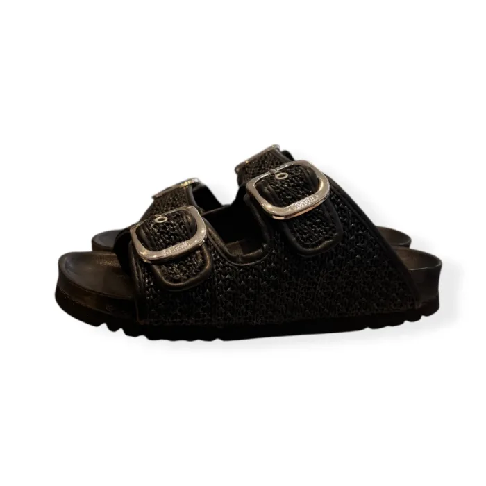 Sandalo Mules Scholl in Rafia e Suola in Pelle Nera Fibbia Argento 3,5 cm art. Noelle F00906 1004 380, foto 4 di 5