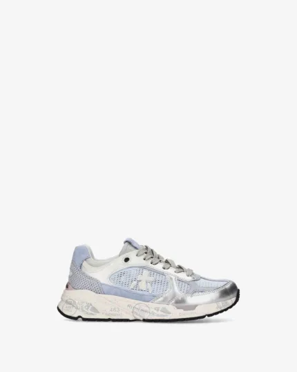 Sneakers Premiata Donna in Camoscio e Rete Traforata Azzurra e Pelle Argento art. Mased 8205