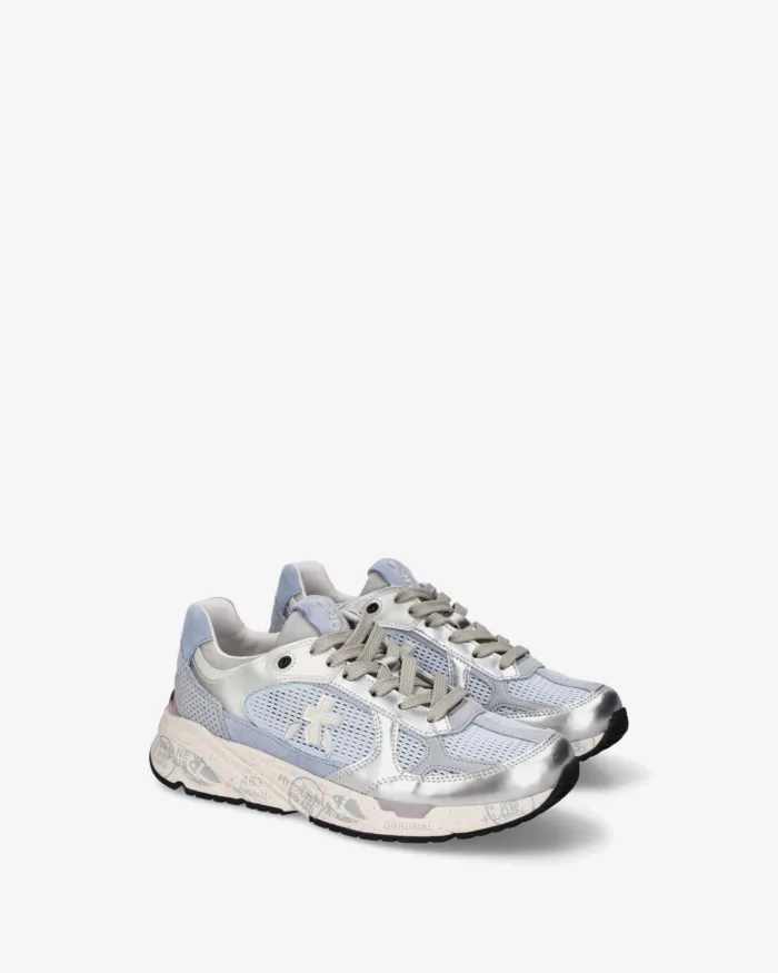 Sneakers Premiata Donna in Camoscio e Rete Traforata Azzurra e Pelle Argento art. Mased 8205, foto 2 di 5