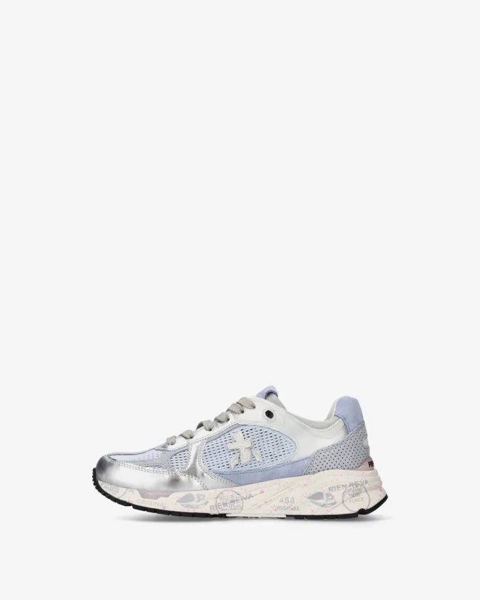 Sneakers Premiata Donna in Camoscio e Rete Traforata Azzurra e Pelle Argento art. Mased 8205, foto 3 di 5