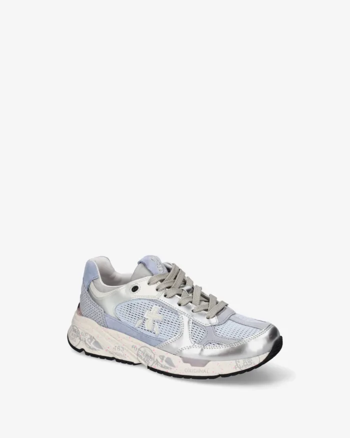 Sneakers Premiata Donna in Camoscio e Rete Traforata Azzurra e Pelle Argento art. Mased 8205, foto 4 di 5