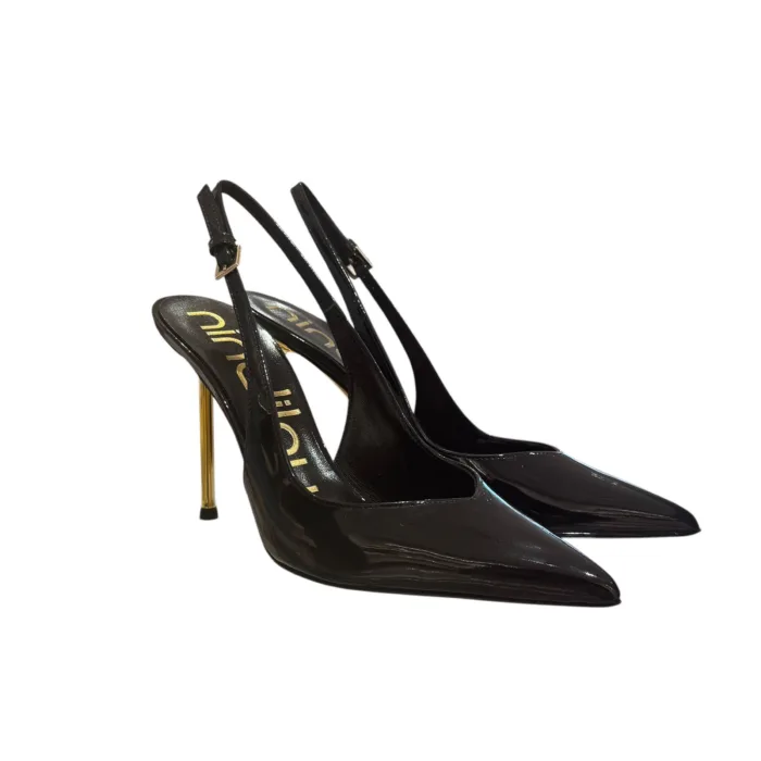 Slingback con Cinturino Regolabile alla Caviglia Ninalilou in Vernice Nera e Tacco Oro 11 cm art. 361250HL, foto 2 di 4