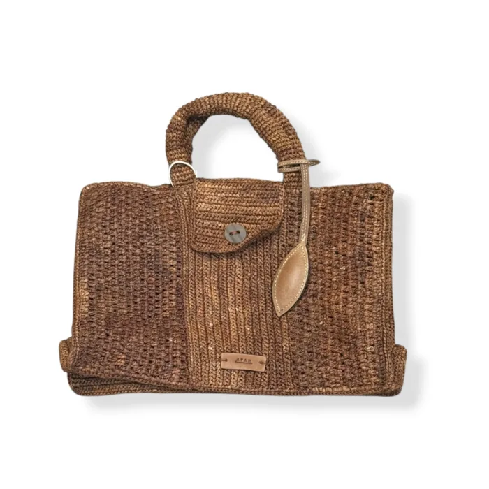 Borsa a Mano AFAR in Raffia Marrone con Bottone Frontale art. Grace M Rum, foto 1 di 1