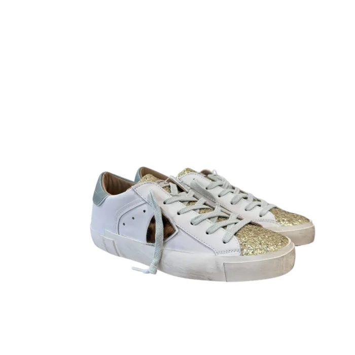 Sneakers Donna Philippe Model Paris Prsx In Pelle Bianca Linguetta In Glitter Oro Spoiler Salvia cod. PRLD VGA3, foto 2 di 4