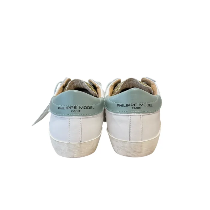 Sneakers Donna Philippe Model Paris Prsx In Pelle Bianca Linguetta In Glitter Oro Spoiler Salvia cod. PRLD VGA3, foto 4 di 4