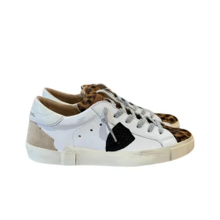 Sneakers Donna Paris Prsx Philippe Model in Pelle Bianca, Linguetta in Cavallino Maculato art. PRLD VXA2