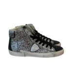 Sneakers Stivaletto Donna Philippe Model Paris Prsx High in Camoscio Nero Glitter Argento art. PRHD GG11
