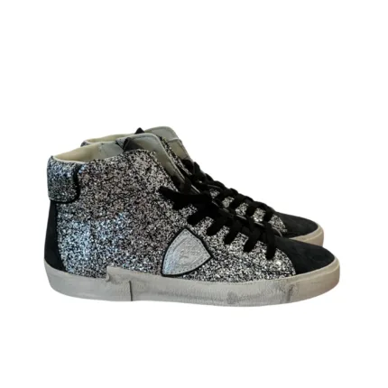 Sneakers Stivaletto Donna Philippe Model Paris Prsx High in Camoscio Nero Glitter Argento art. PRHD GG11