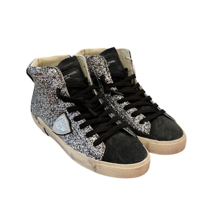 Sneakers Stivaletto Donna Philippe Model Paris Prsx High in Camoscio Nero Glitter Argento art. PRHD GG11, foto 2 di 4