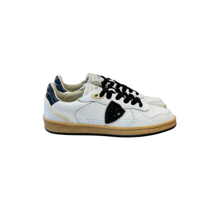 Sneakers Donna Philippe Model PGAL in Pelle Bianca Scudetto Glitter Spoiler Blu art. PGLD VG02, foto 1 di 4