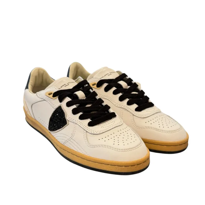 Sneakers Donna Philippe Model PGAL in Pelle Bianca Scudetto Glitter Spoiler Blu art. PGLD VG02, foto 2 di 4