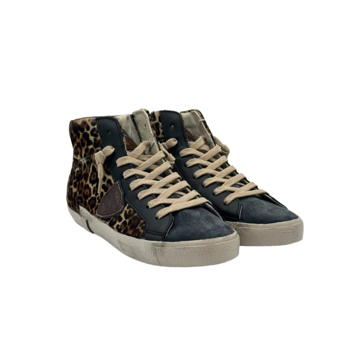 Sneakers Stivaletto Donna Philippe Model Paris Prsx High in Camoscio Nero e Cavallino Maculato art. PRHD AX03, foto 2 di 4