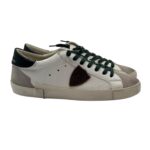 Baskets homme Philippe Model Paris Prsx en cuir blanc, aileron noir et languette en daim beige. PRLU WX55
