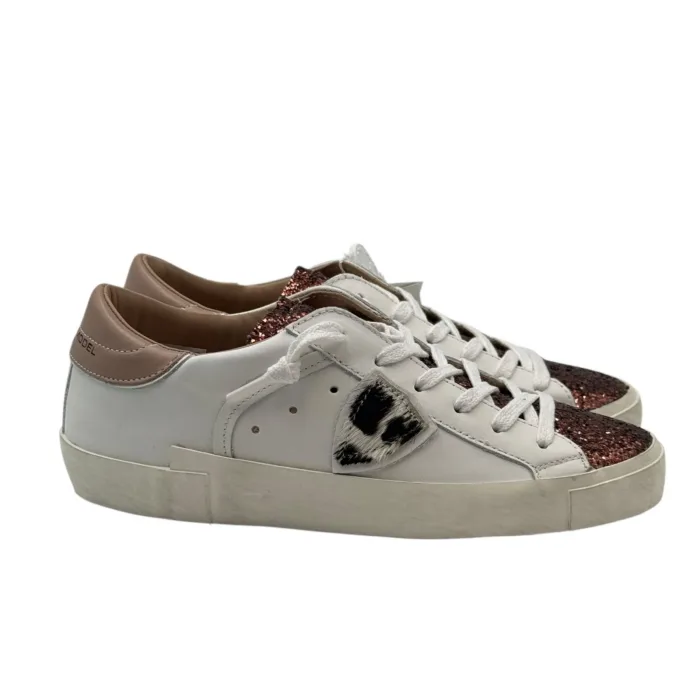 Sneakers Donna Paris Prsx Philippe Model in Pelle Bianca con Glitter Bronzo e Spoiler Nude art. PRLD VGA4, foto 1 di 4