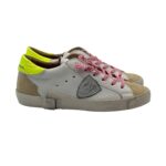 Sneakers Donna Philippe Model Paris Prsx In Pelle Bianca e Linguetta in Camoscio Beige, Spoiler Giallo Fluo cod. PRLD WX54