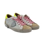 Sneakers Donna Philippe Model Paris Prsx In Pelle Bianca e Linguetta in Camoscio Beige, Spoiler Giallo Fluo cod. PRLD WX54 - immagine 2