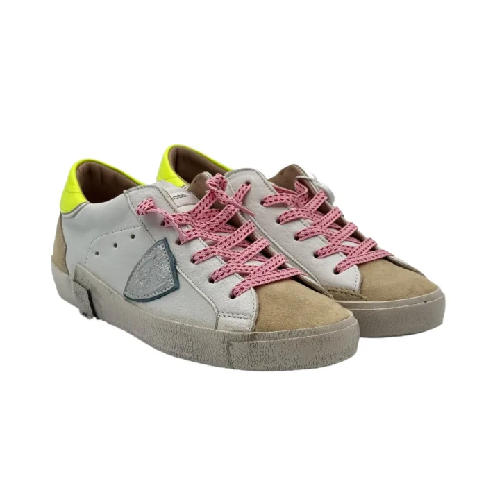 Sneakers Donna Philippe Model Paris Prsx In Pelle Bianca e Linguetta in Camoscio Beige, Spoiler Giallo Fluo cod. PRLD WX54, foto 2 di 4