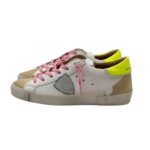 Sneakers Donna Philippe Model Paris Prsx In Pelle Bianca e Linguetta in Camoscio Beige, Spoiler Giallo Fluo cod. PRLD WX54 - immagine 3