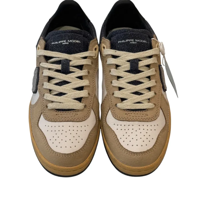 Sneakers Donna Philippe Model PGAL in Pelle Bianca e Dettagli in Camoscio Beige e Glitter Blu art. PGLD XG01, foto 3 di 4