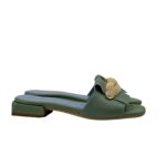 Ciabatta Lorenzo Mari In Pelle Martellata Verde Menta, Accessorio Oro Tacco 3 cm art. Samu Mag 51