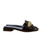 Ciabatta Lorenzo Mari In Pelle Martellata Marrone Testa di Moro, Accessorio Oro Tacco 3 cm art. Samu Mag 51