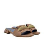Ciabatta Lorenzo Mari In Pelle Martellata Rosa Nude, Accessorio Oro Tacco 3 cm art. Samu Mag 51 - immagine 2