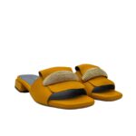Ciabatta Lorenzo Mari In Pelle Martellata Giallo Ananas, Accessorio Oro Tacco 3 cm art. Samu Mag 51 - immagine 2