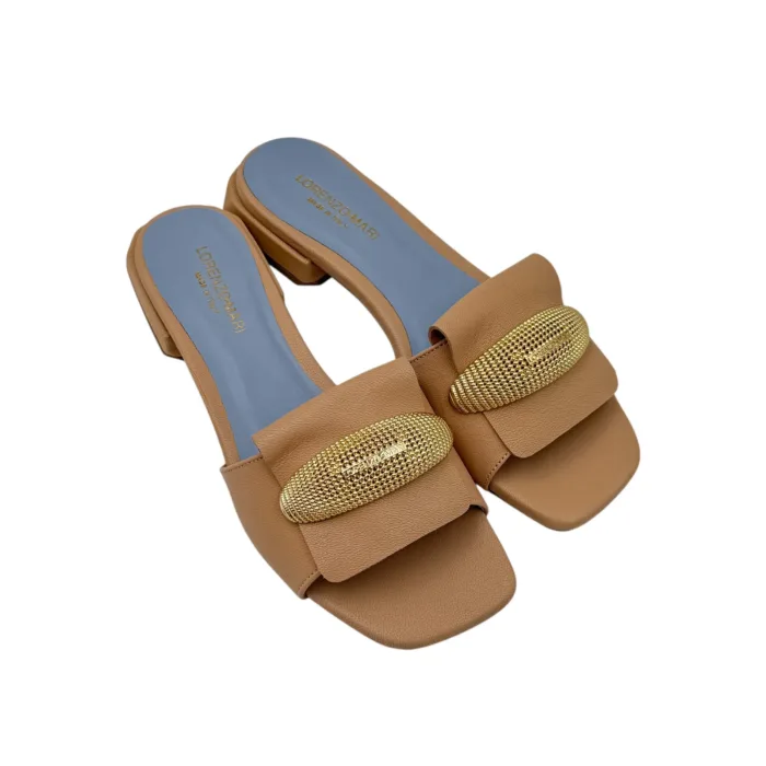Ciabatta Lorenzo Mari In Pelle Beige Corda, Accessorio Oro Tacco 3 cm art. Samu Mag 51, foto 3 di 5