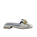 Ciabatta Lorenzo Mari In Pelle Martellata Bianca, Accessorio Oro Tacco 3 cm art. Samu Mag 51