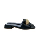 Ciabatta Lorenzo Mari In Pelle Blu Verde, Accessorio Oro Tacco 3 cm art. Samu Mag 51
